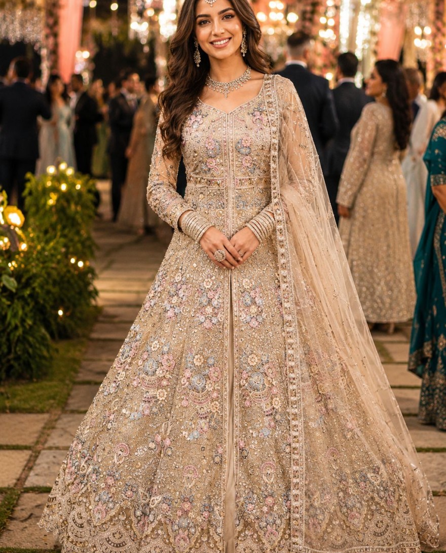 CREAM - Beige Net Thread Work Lehenga Choli